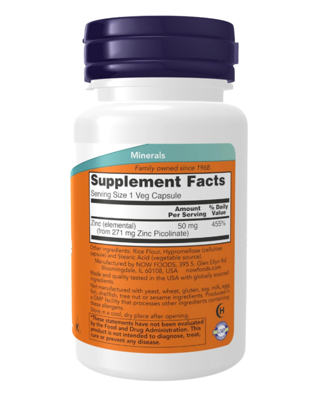 Zinc Picolinato — vista dorsal con ingredientes e información nutricional