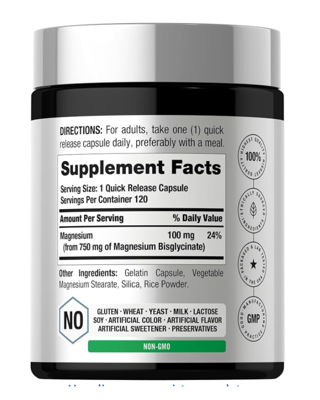 Bisglicinato de Magnesio — vista dorsal con ingredientes e información nutricional