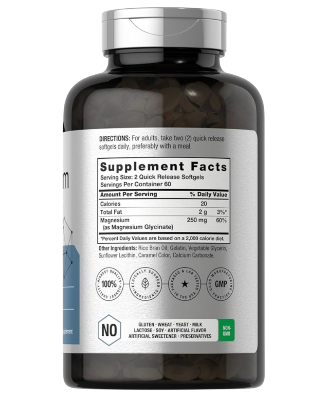 Glicinato de Magnesio — vista dorsal con ingredientes e información nutricional