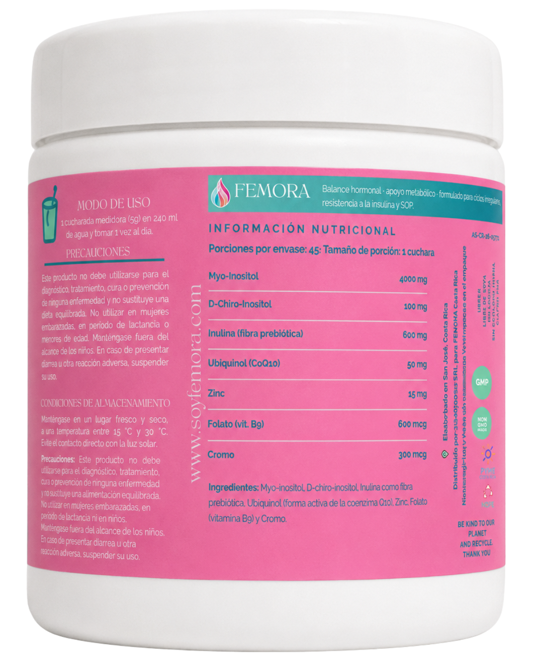 Myo D-Chiro Inositol — vista dorsal con ingredientes e información nutricional