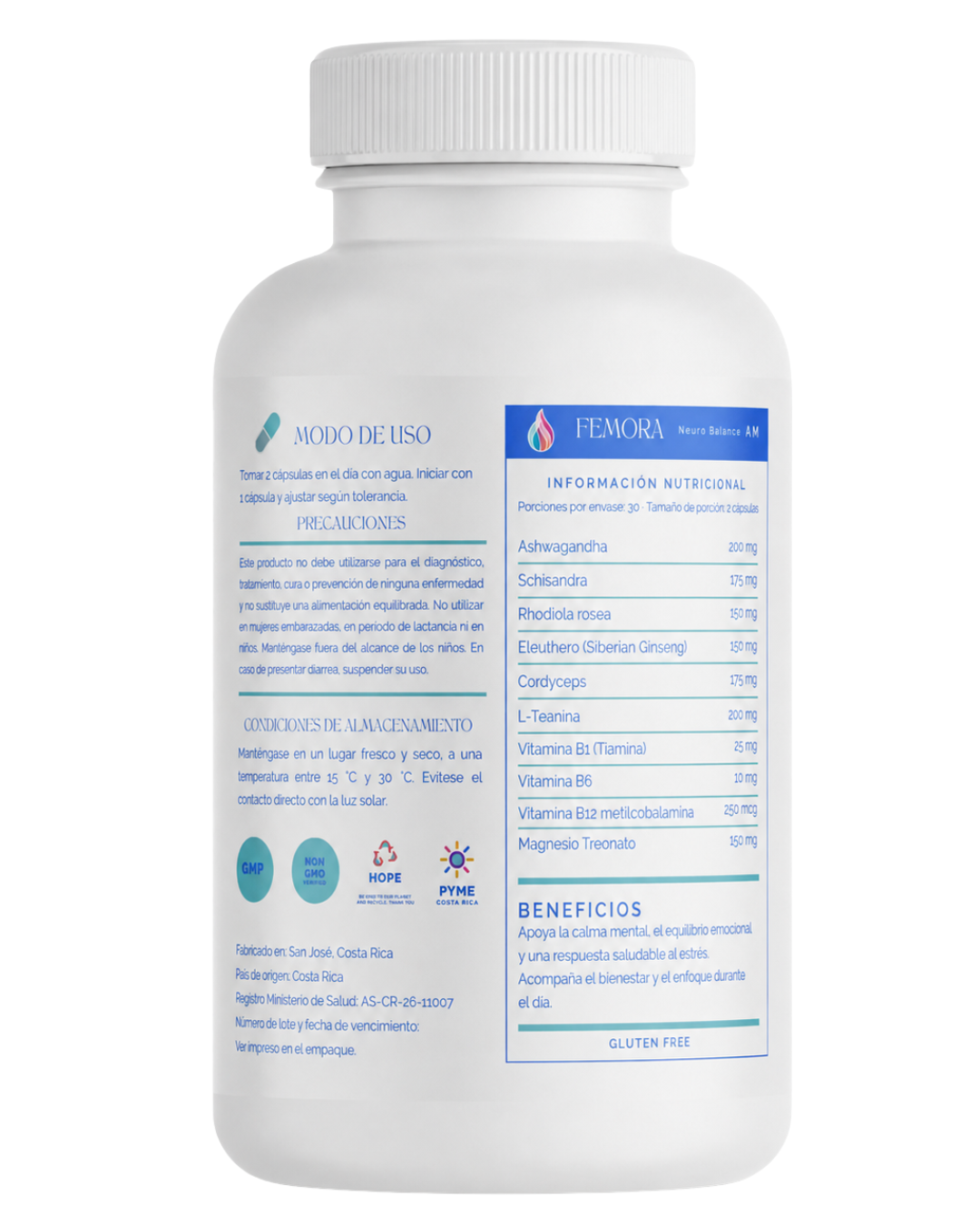 Neuro Balance AM — vista dorsal con ingredientes e información nutricional