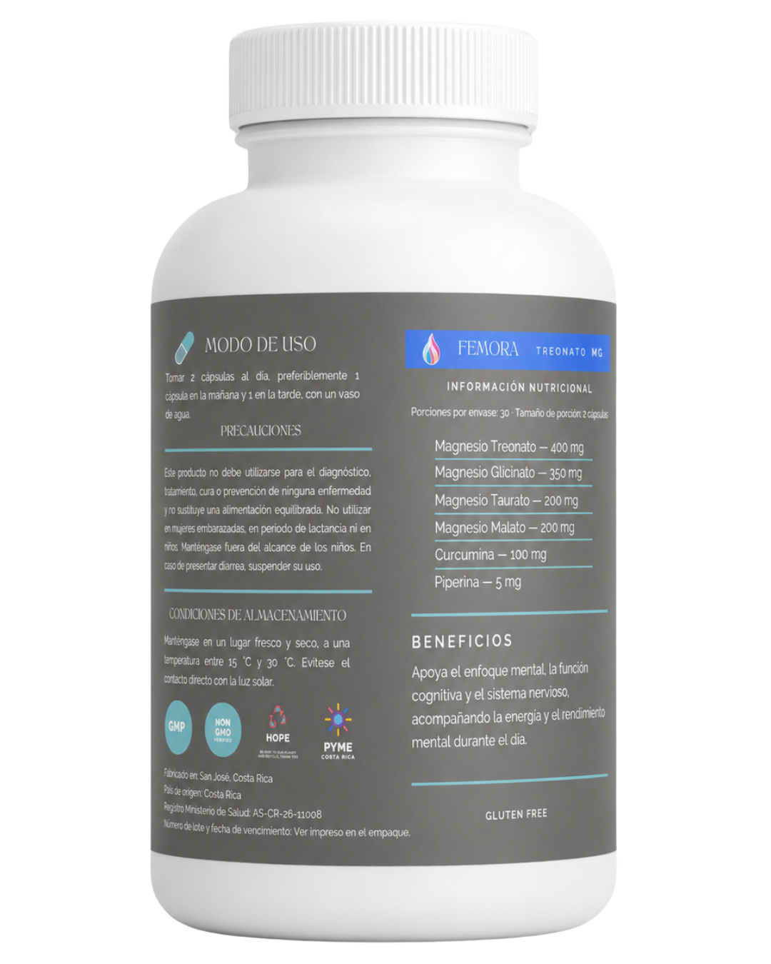 Treonato de Magnesio — vista dorsal con ingredientes e información nutricional