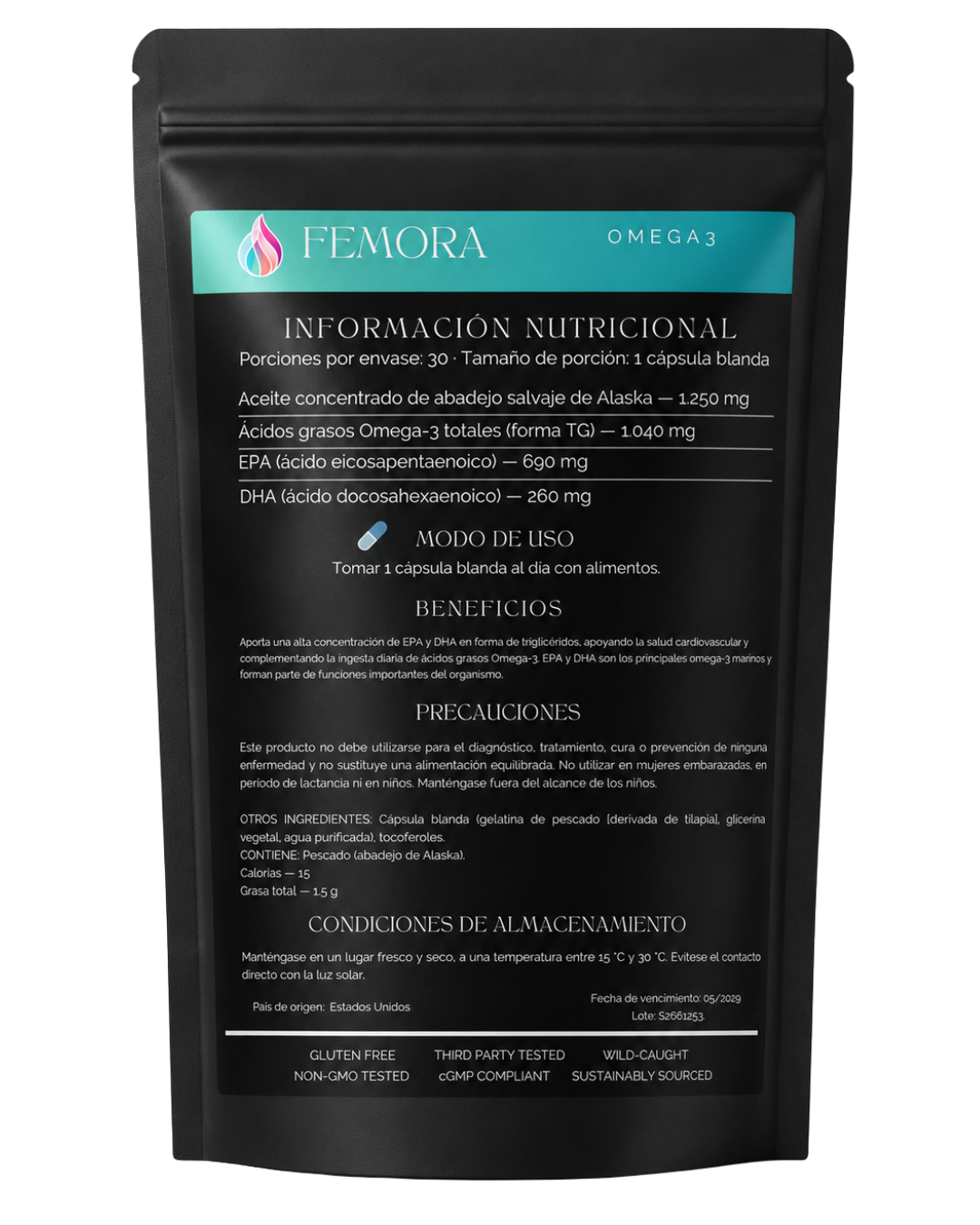 Omega 3 — vista dorsal con ingredientes e información nutricional