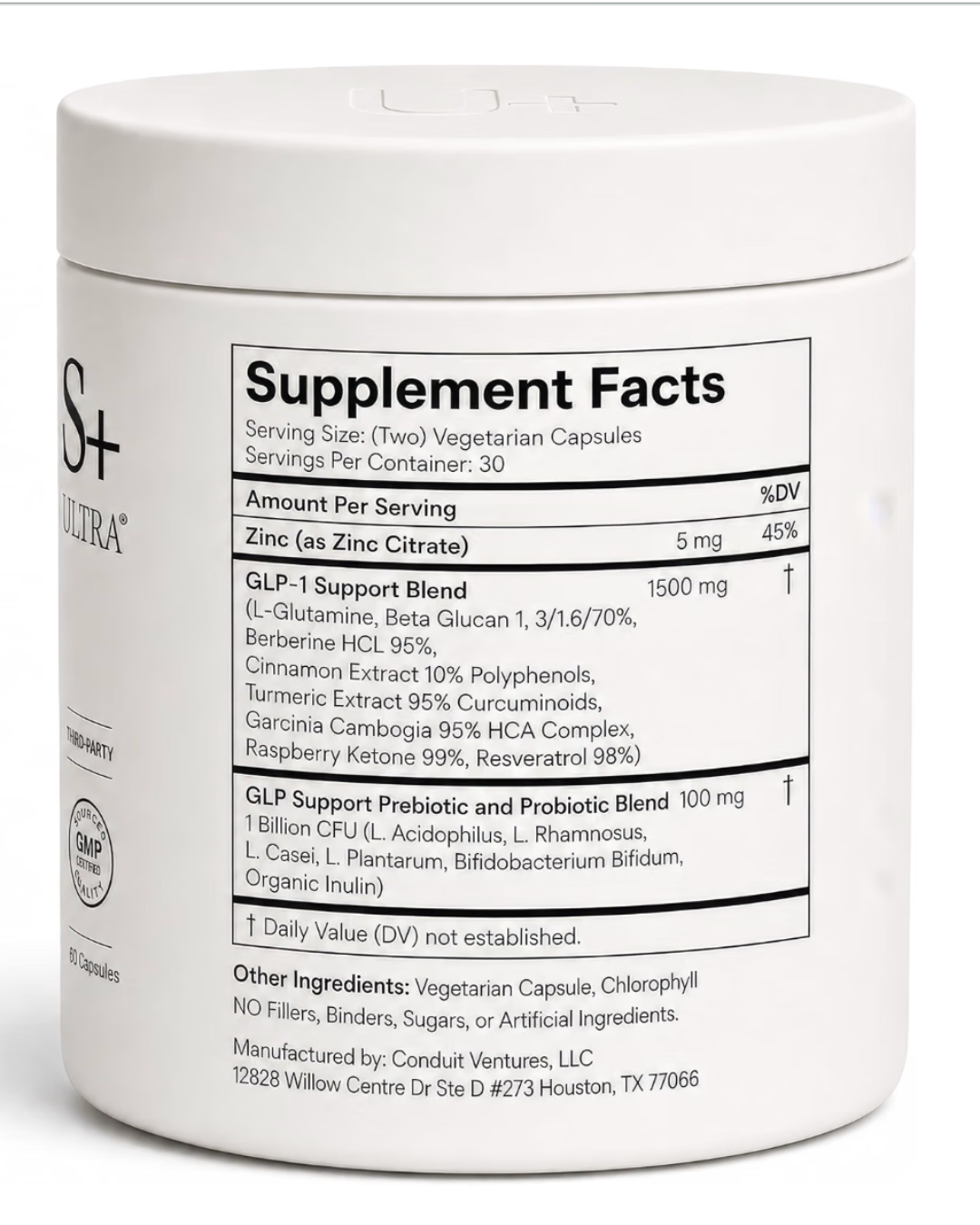 GLPlus — vista dorsal con ingredientes e información nutricional