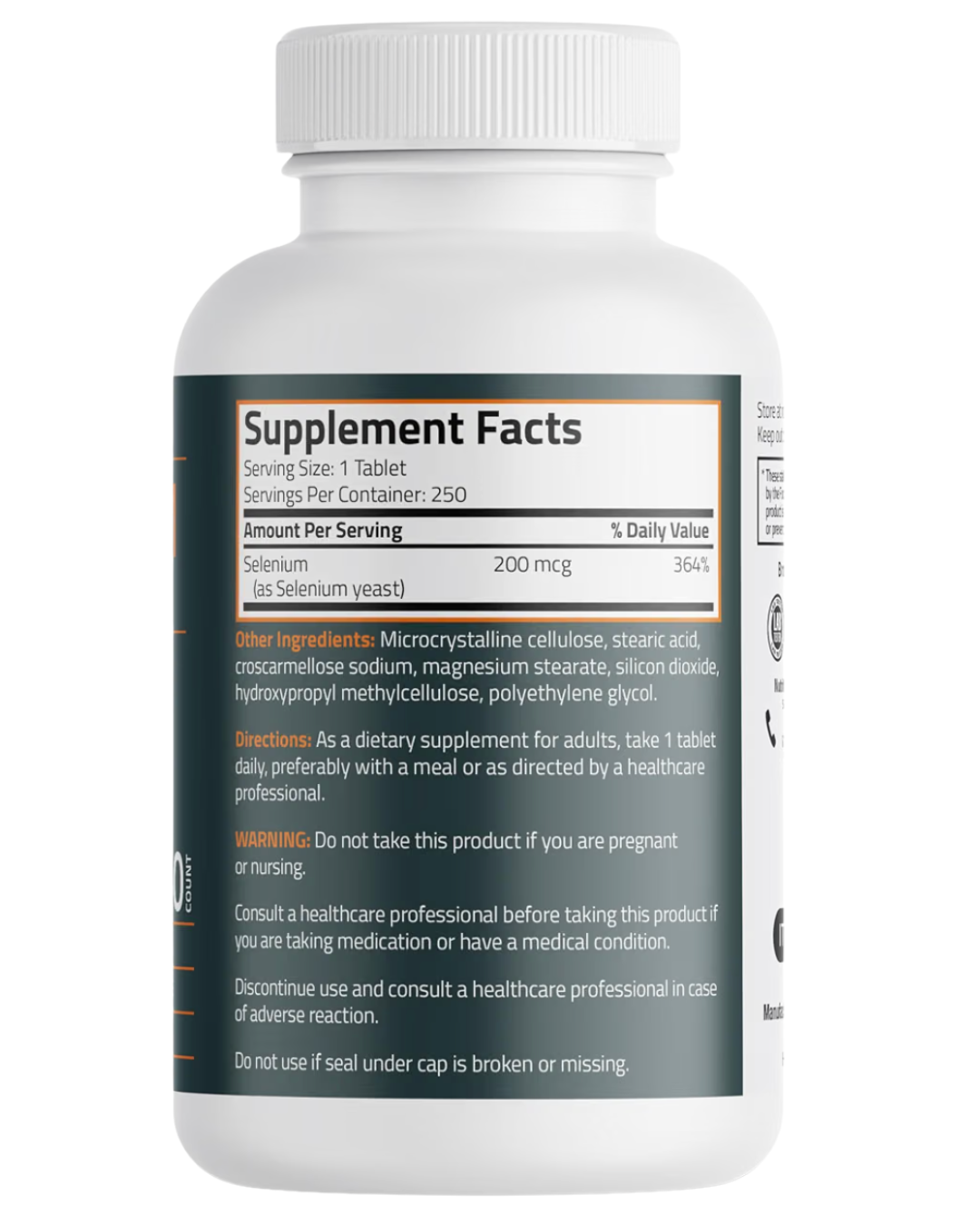 Etiqueta con información nutricional del Selenio 200 mcg Bronson Basics