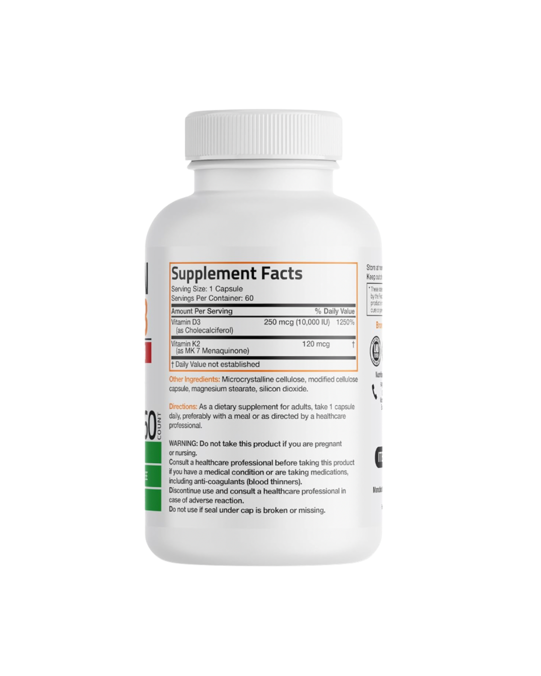 Vitamina K2 + D3 10000 UI — vista dorsal con ingredientes e información nutricional