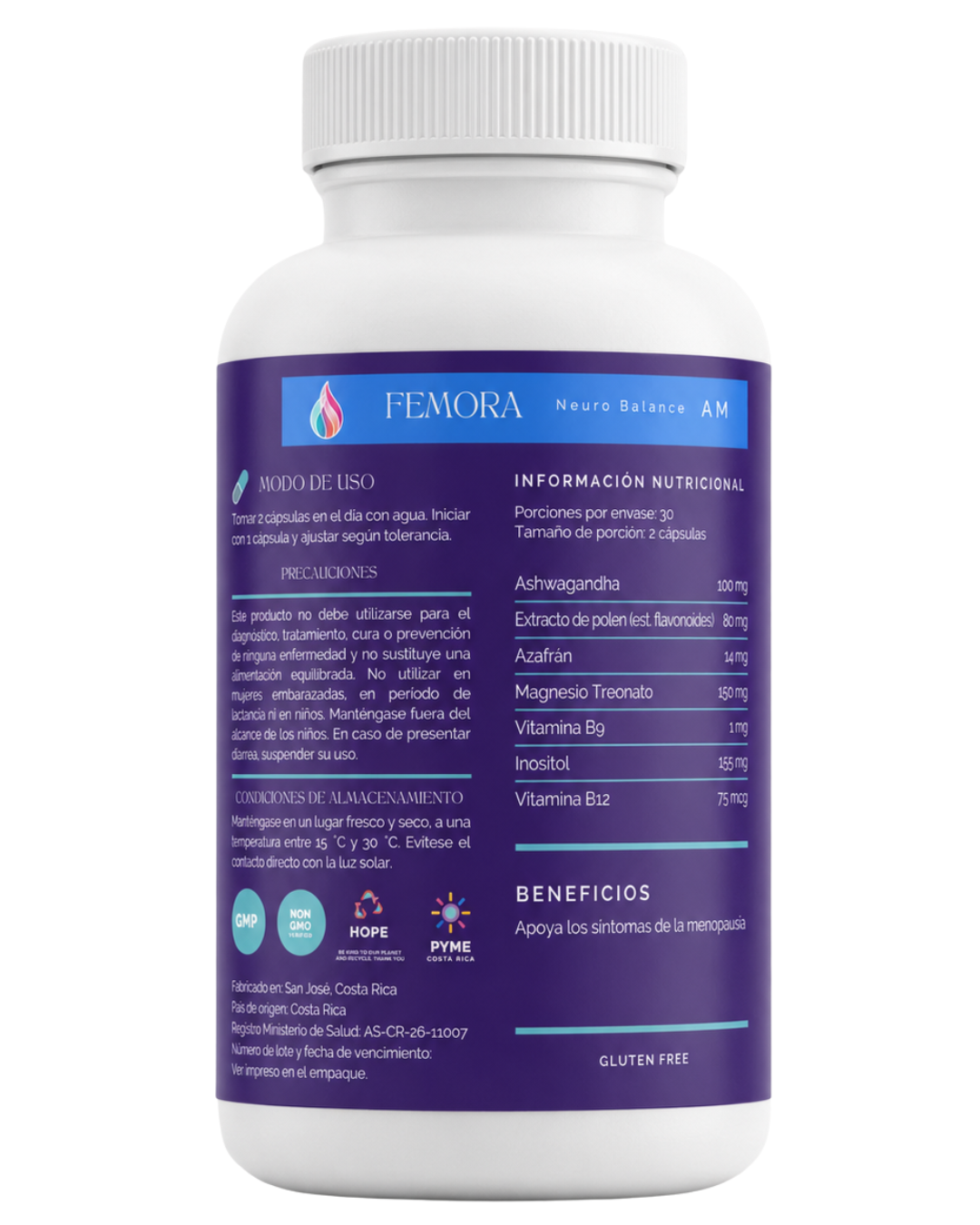 Tabla de ingredientes de Meno Balance con ashwagandha, magnesio treonato e inositol