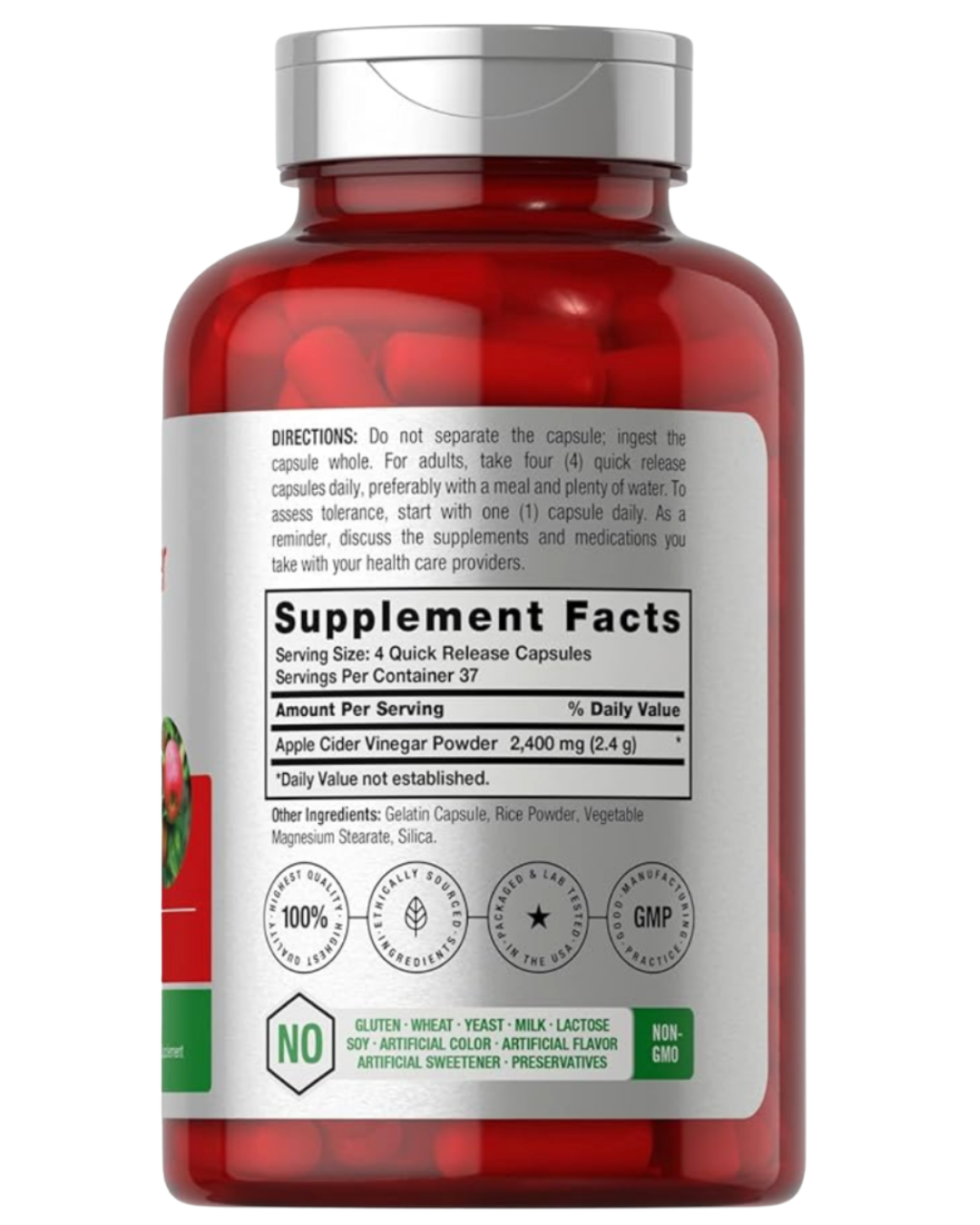 Vinagre de Manzana — vista dorsal con ingredientes e información nutricional