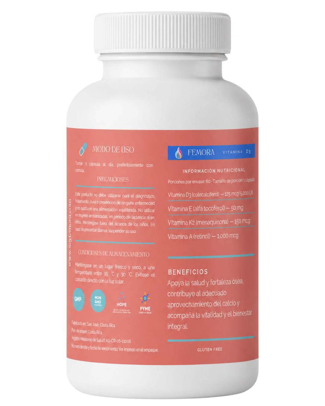 Vitamina ADEK — A + D3 + E + K2 — vista dorsal con ingredientes e información nutricional