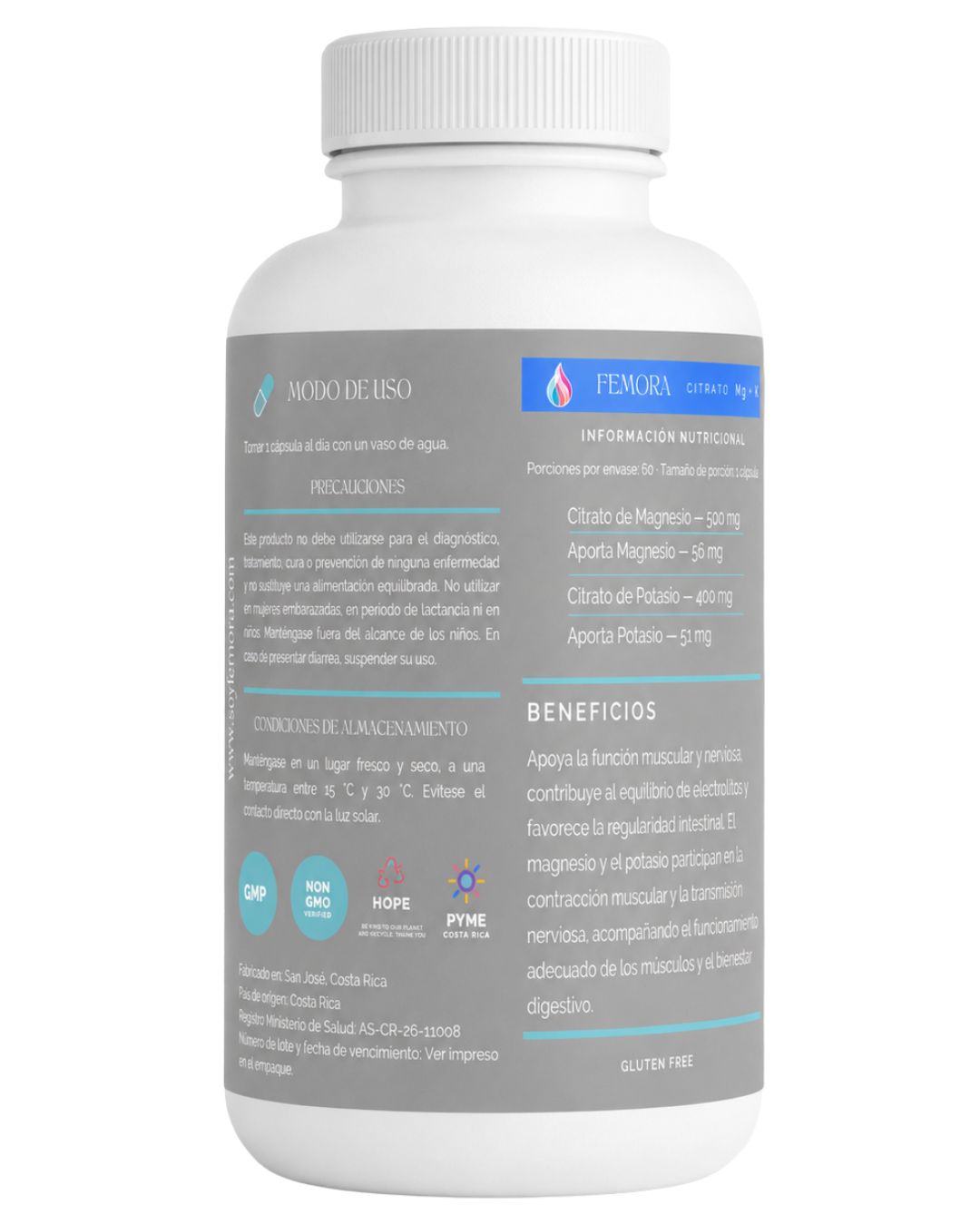 Citrato de Magnesio — vista dorsal con ingredientes e información nutricional