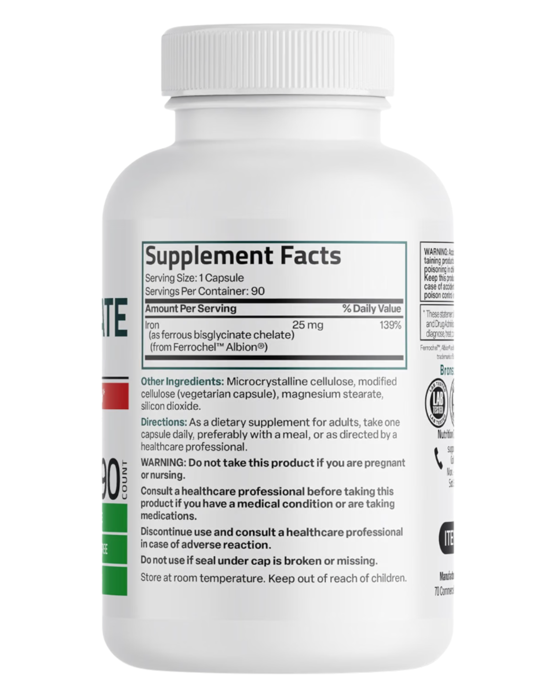 Etiqueta nutricional de Bisglicinato de Hierro 25 mg Bronson: hierro 25 mg como bisglicinato ferroso quelado Ferrochel Albion