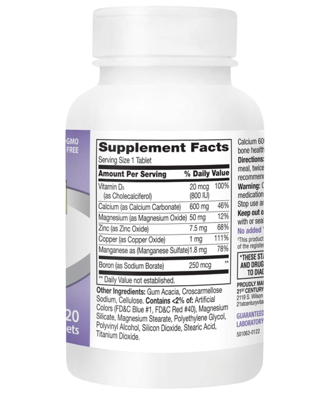 Calcio 600 + D3 Plus Minerales — tabla nutricional