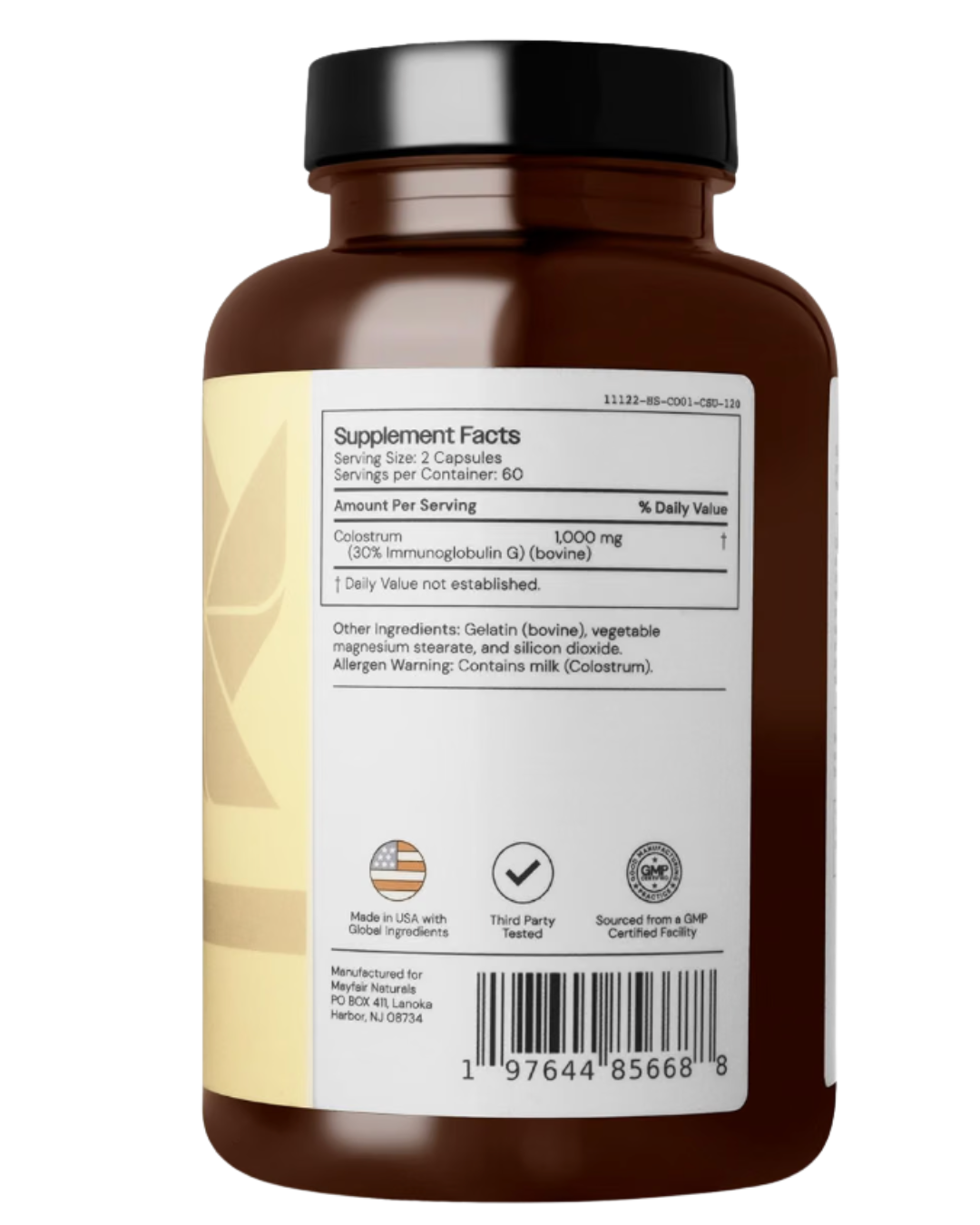 Calostro Bovino Mayfair Naturals — vista dorsal con información nutricional
