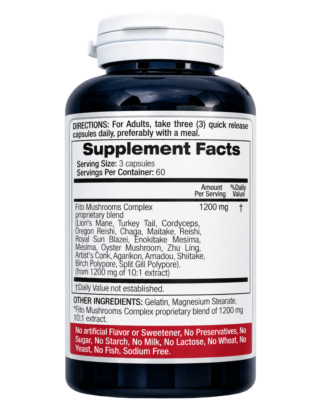 Fito Mushrooms Complex Fito Medic’s — vista dorsal con información nutricional del complejo de hongos