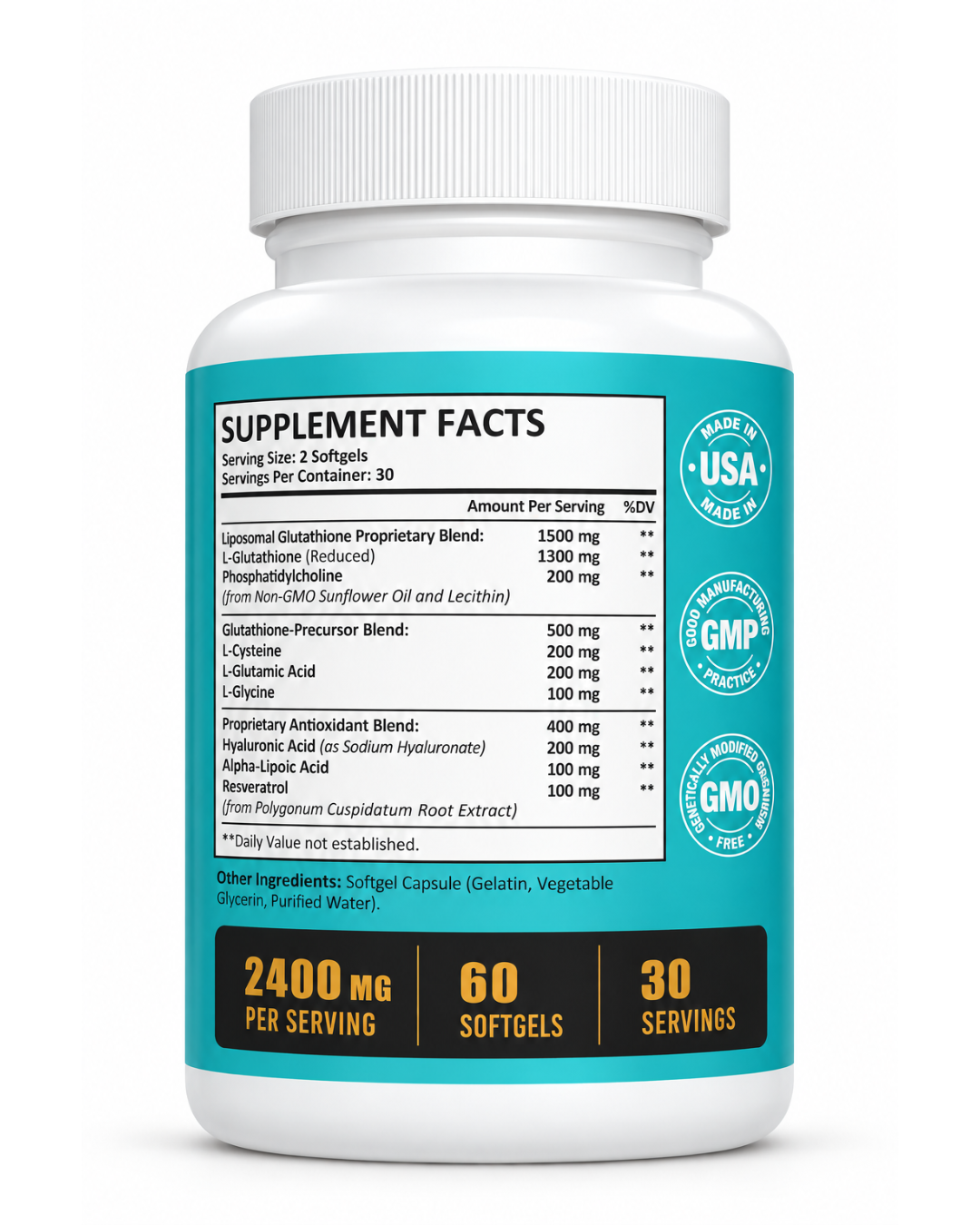 Etiqueta nutricional de Glutatión Liposomal Zeylamum: L-Glutatión reducido 1300 mg, precursores y antioxidantes