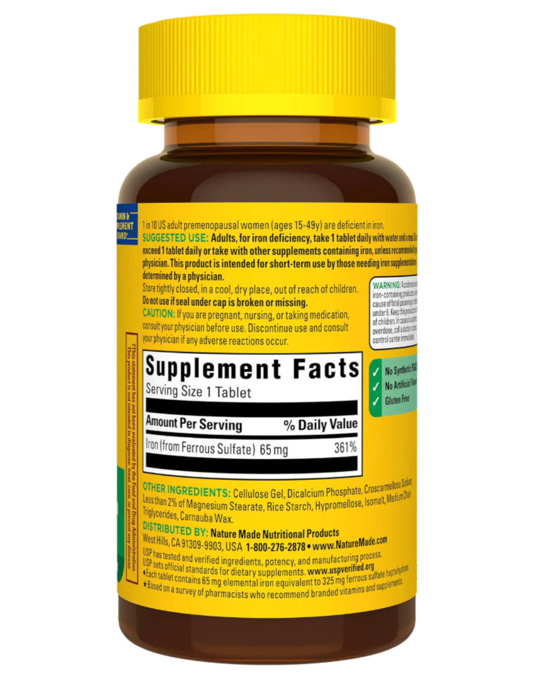Etiqueta trasera del Hierro 65 mg de Nature Made con tabla de información del suplemento y otros ingredientes