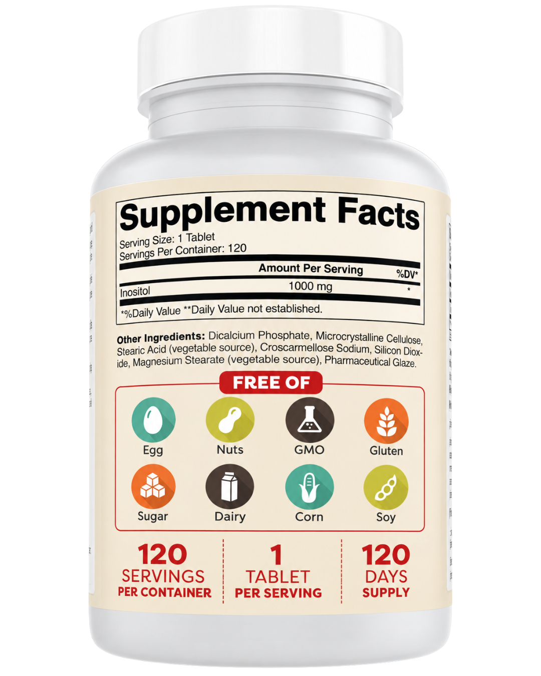 Etiqueta trasera del Inositol 1000 mg de Best Naturals con tabla de información del suplemento y otros ingredientes