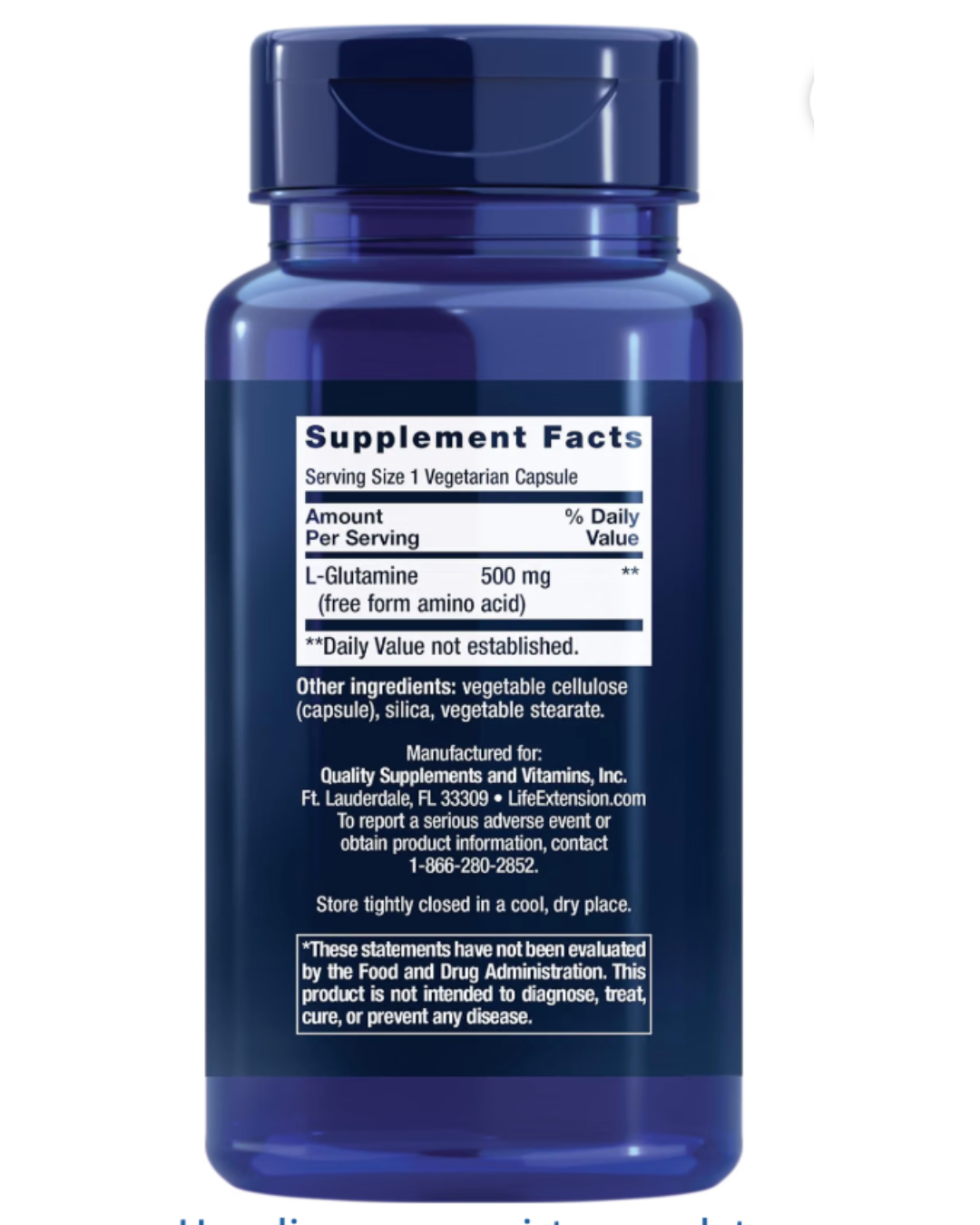 Etiqueta trasera de la L-Glutamina 500 mg de Life Extension con tabla de información del suplemento y otros ingredientes