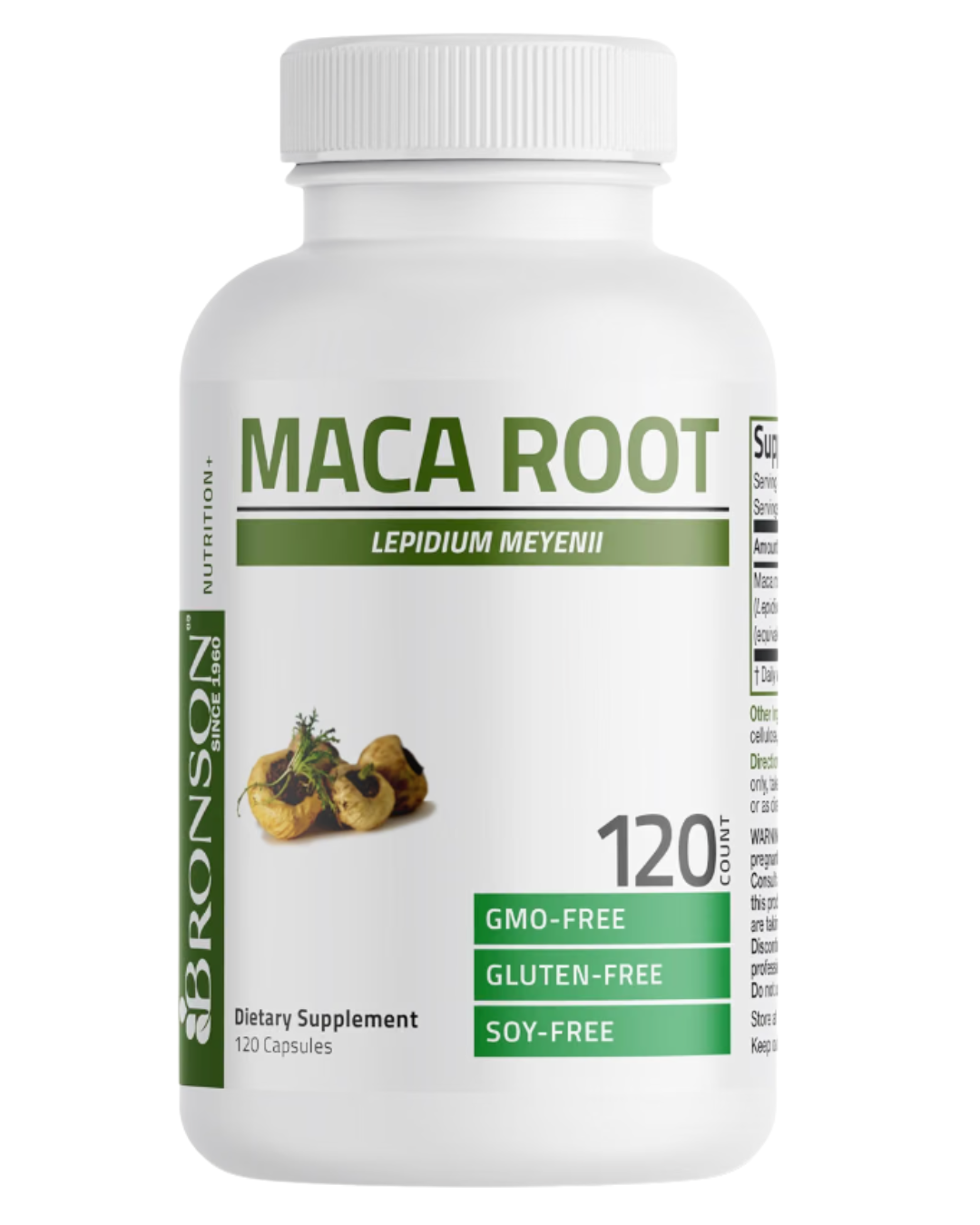 Frasco de Maca Root 500 mg de Bronson, 120 cápsulas, frente de la etiqueta