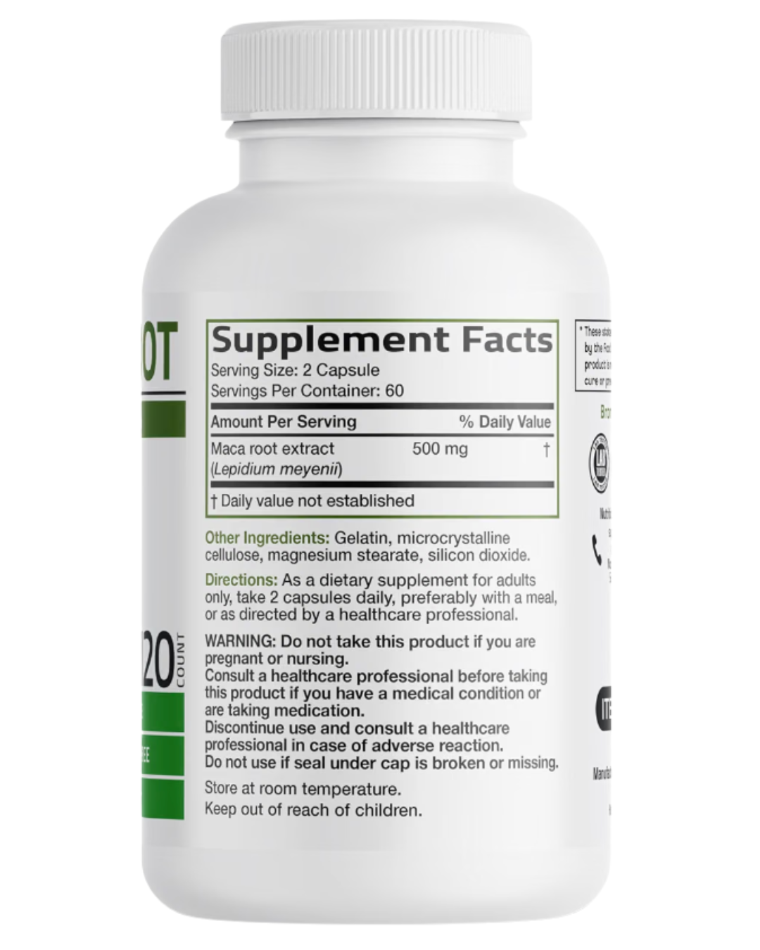 Etiqueta trasera de Maca Root 500 mg de Bronson con tabla de información del suplemento y otros ingredientes