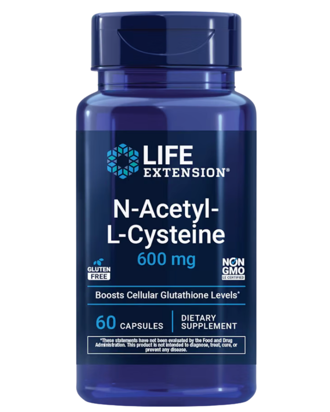 Frasco de N-Acetyl-L-Cysteine (NAC) 600 mg de Life Extension, 60 cápsulas vegetarianas, frente de la etiqueta