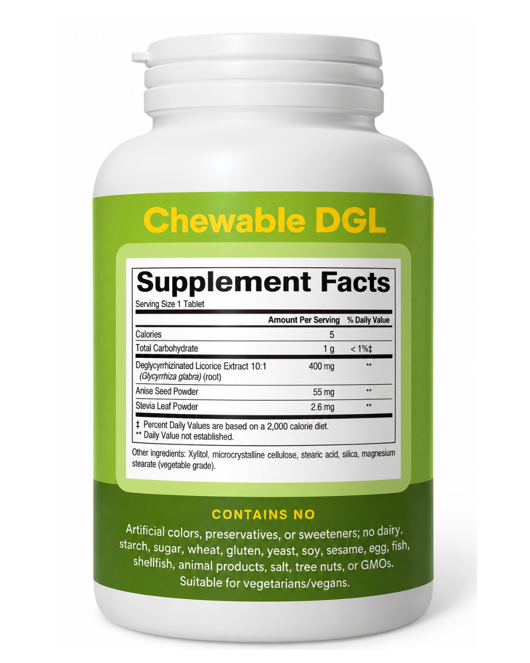 Etiqueta nutricional de DGL Natural Factors: extracto de regaliz desglicirrizado 10:1 de 400 mg por tableta