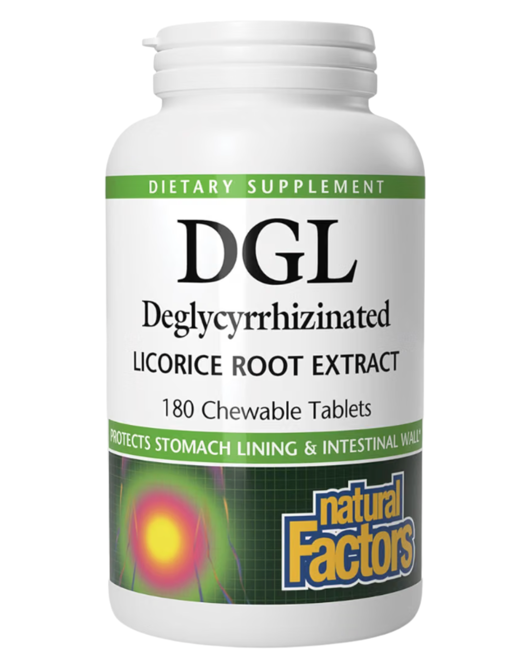 Frasco de DGL Regaliz Desglicirrizado 400 mg de Natural Factors, 180 tabletas masticables