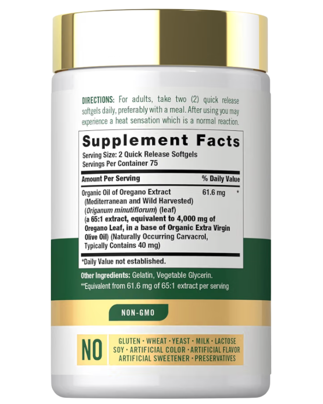 Etiqueta nutricional del Aceite de Orégano Carlyle: extracto 65:1 equivalente a 4000 mg de hoja de orégano y Carvacrol 40 mg