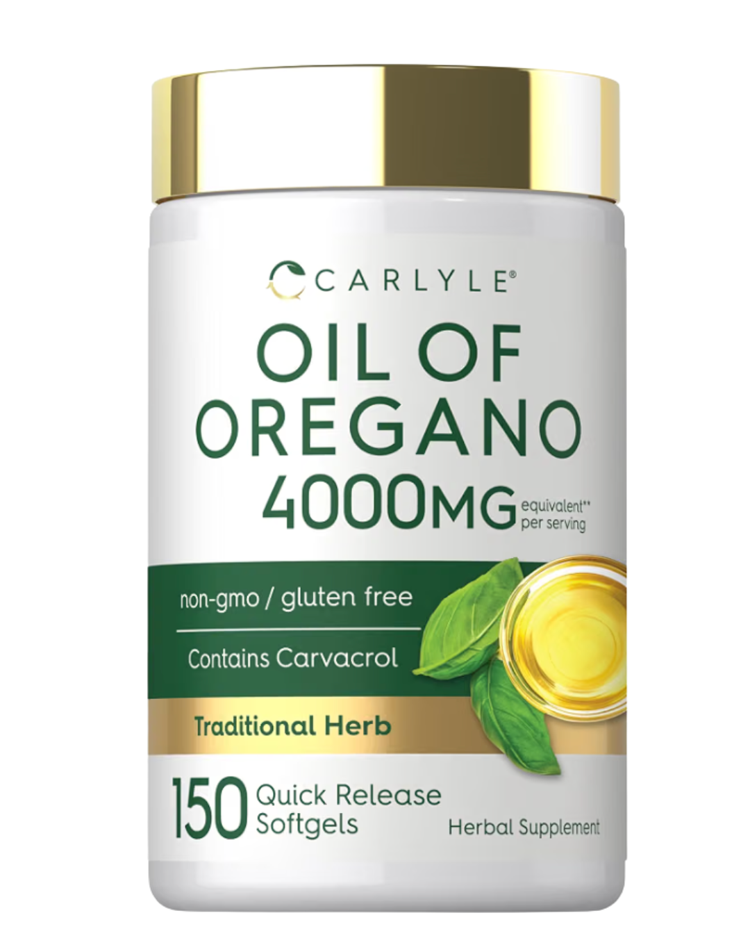 Frasco de Aceite de Orégano Orgánico 4000 mg Carlyle con Carvacrol, 150 cápsulas blandas