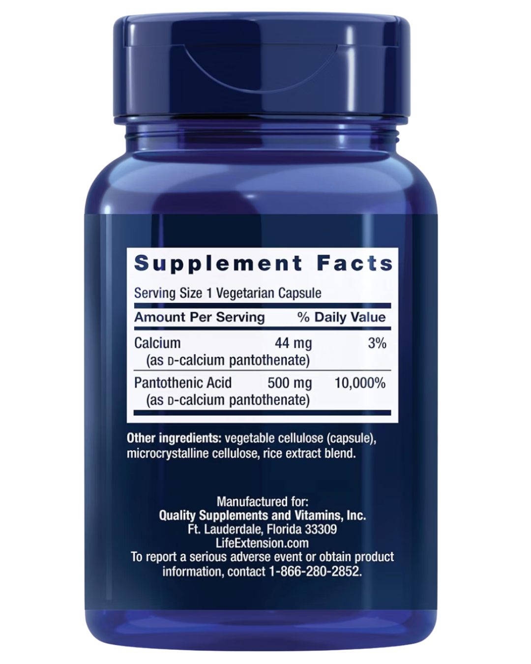 Etiqueta trasera del Ácido Pantoténico 500 mg de Life Extension con tabla de información del suplemento y otros ingredientes