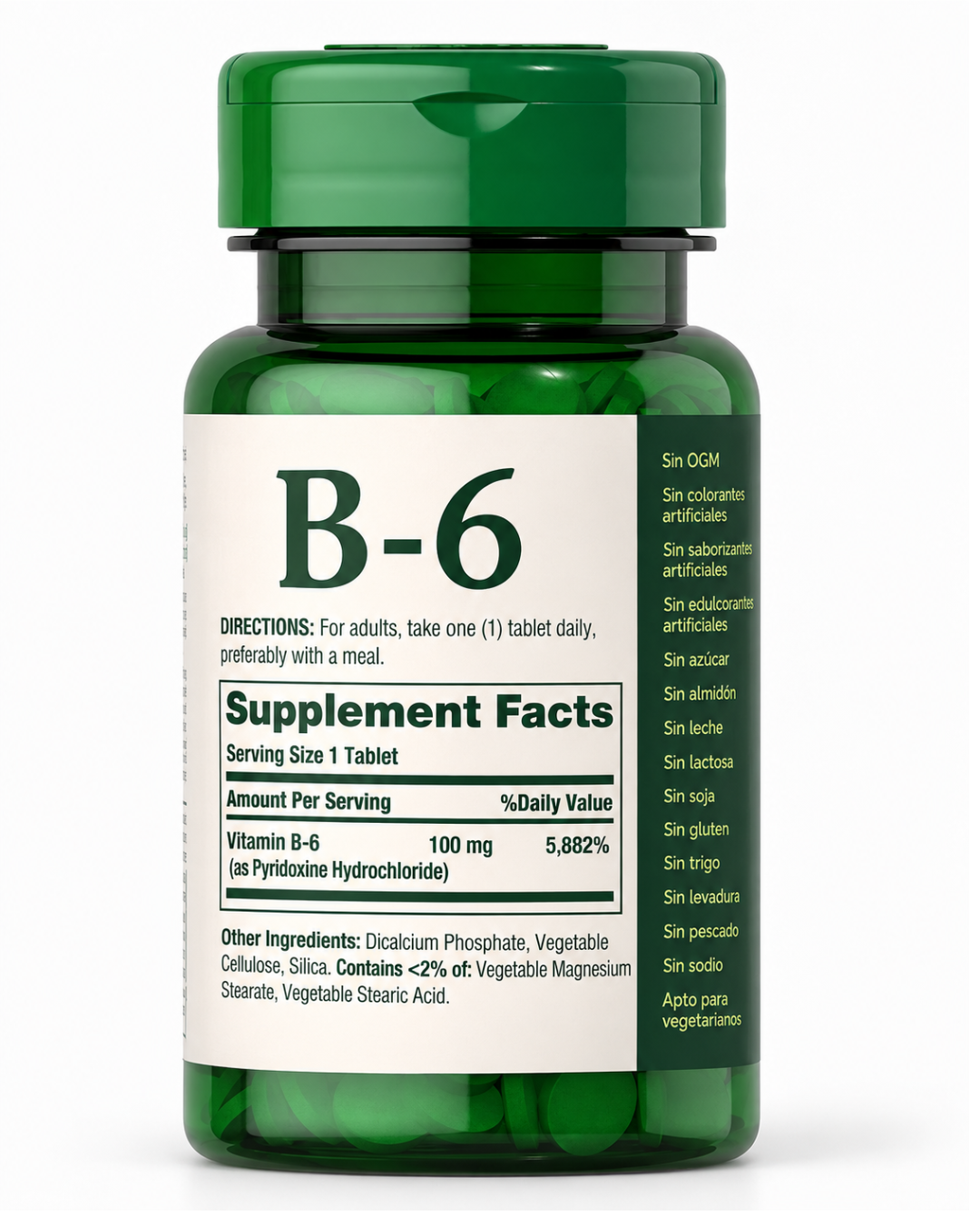 Etiqueta trasera de la Vitamina B-6 100 mg de Nature's Bounty con tabla de información del suplemento y otros ingredientes