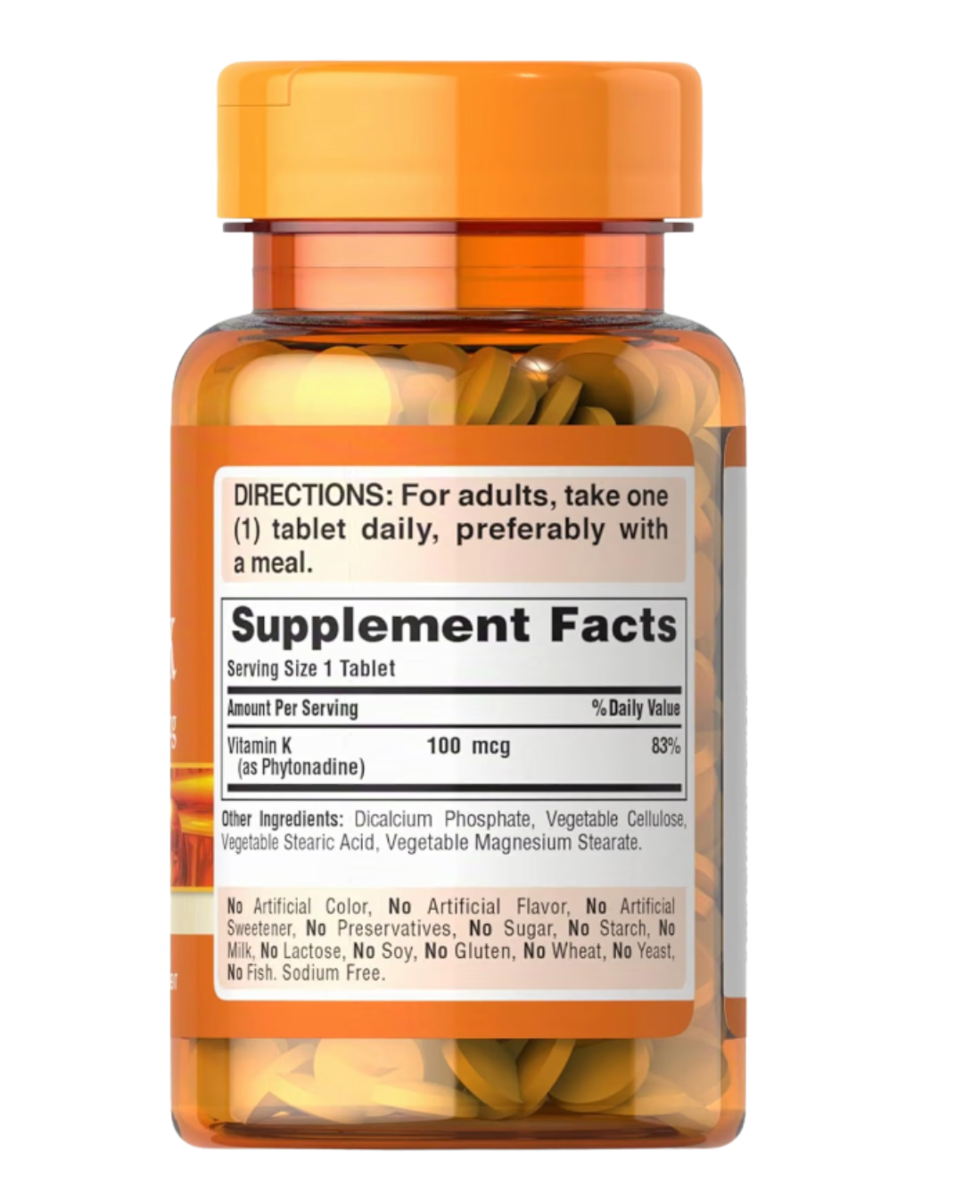 Etiqueta trasera de la Vitamina K 100 mcg de Puritan's Pride con tabla de información del suplemento y otros ingredientes