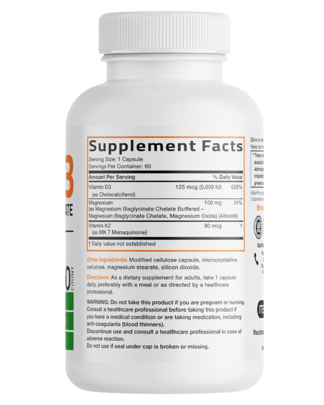 Etiqueta nutricional de Vitamina K2 + D3 Bronson: D3 5000 UI, Magnesio Bisglicinato 100 mg y K2 MK-7 90 mcg