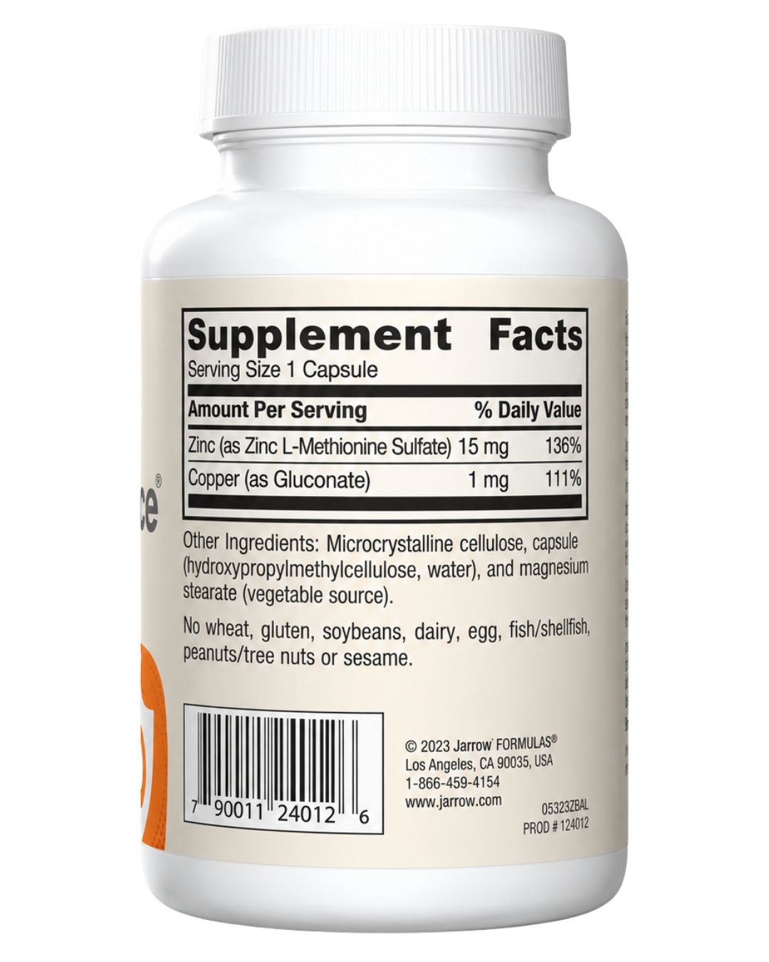 Etiqueta nutricional de Zinc Balance Jarrow Formulas: zinc 15 mg y cobre 1 mg por cápsula